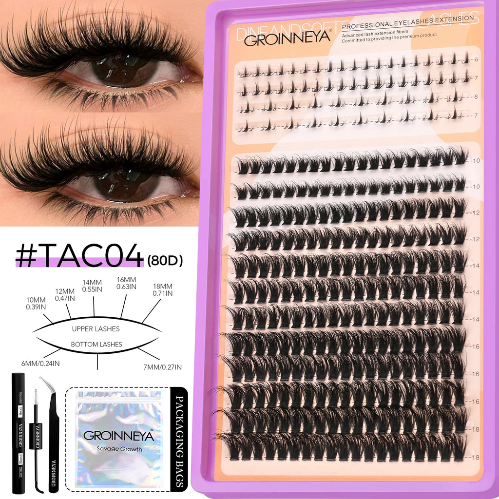 GROINNEYA Lashes Clusters Kit With Lash Bond And Seal And Eyelash Tweezers Waterproof Strong Hold DIY Lash Extension Kit Makeup