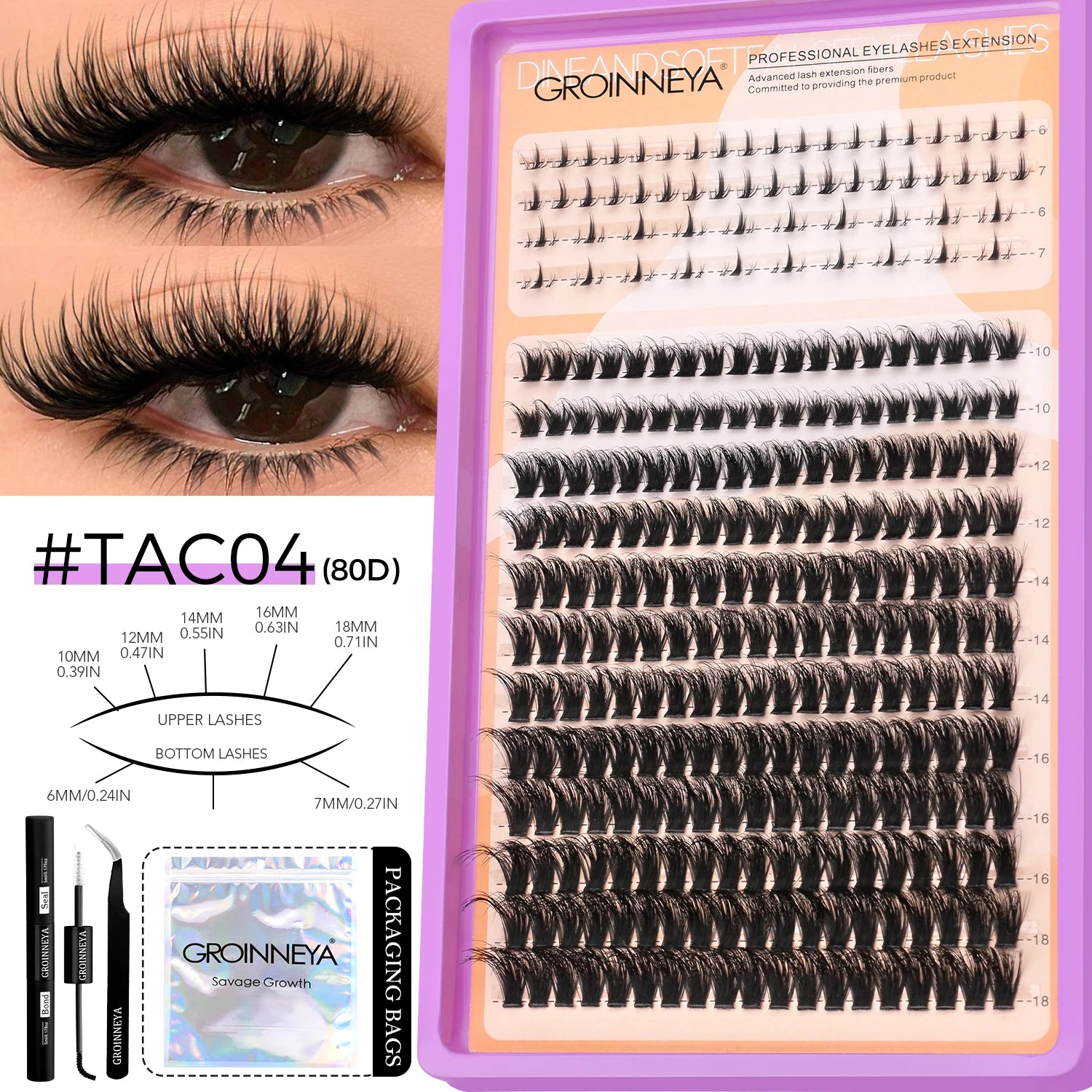 GROINNEYA Lashes Clusters Kit With Lash Bond And Seal And Eyelash Tweezers Waterproof Strong Hold DIY Lash Extension Kit Makeup