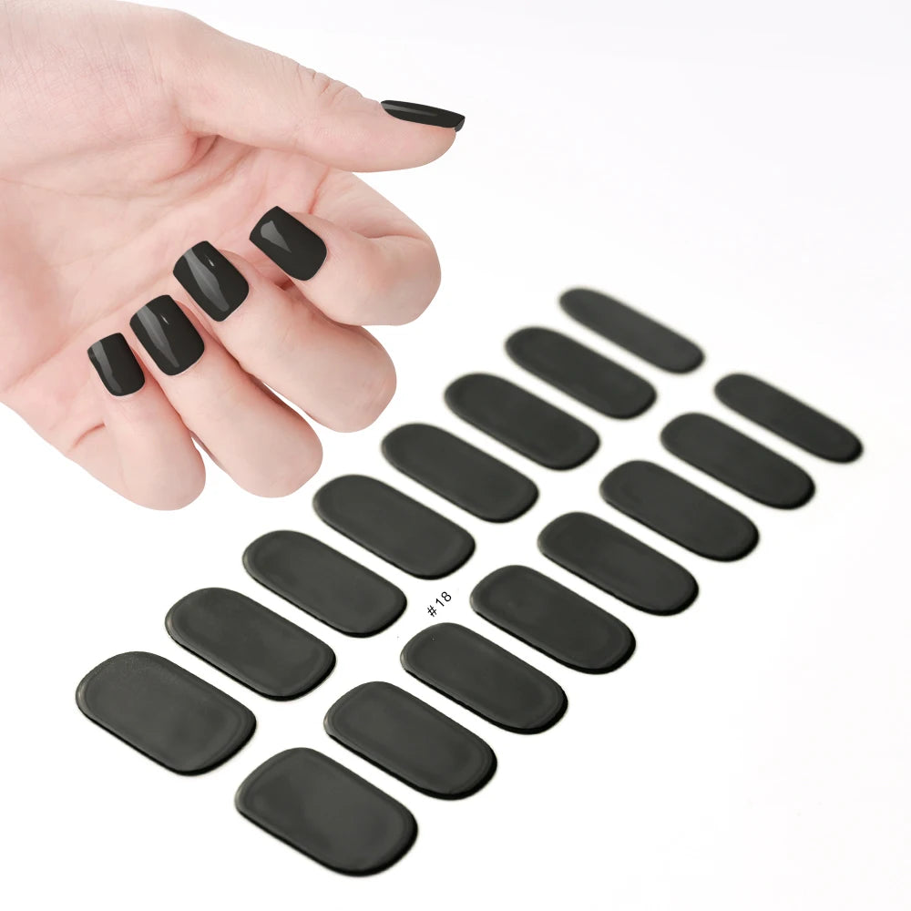16Tips French Black Semi-Cured Nail Stickers With Glitter Long-Lasting UV Gel Nail Polish Wraps Full Cover Nail Art Decals Patch