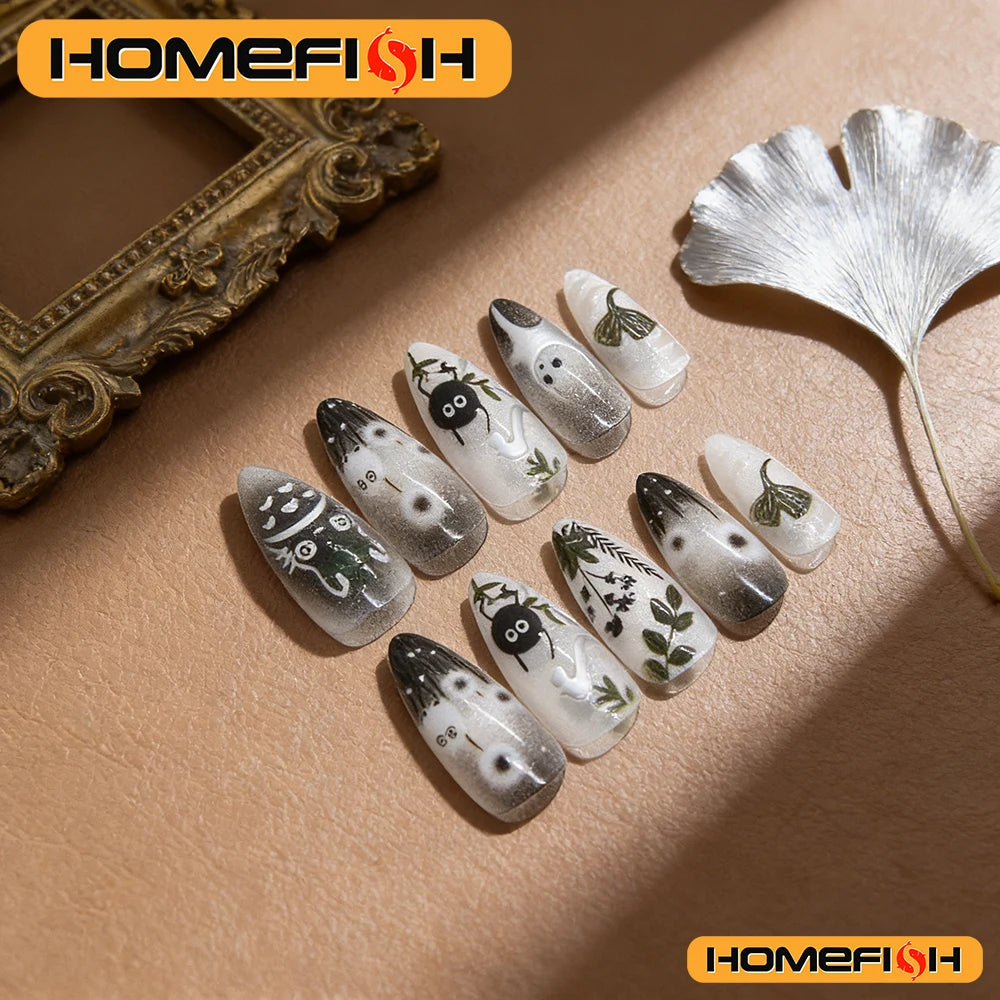 24pcs Gradient Black False Nails Cute Cartoon Cat's Eye Forest Elf Girl Press On Nails Glossy Almond Sweet Cool Fake Nail Tips