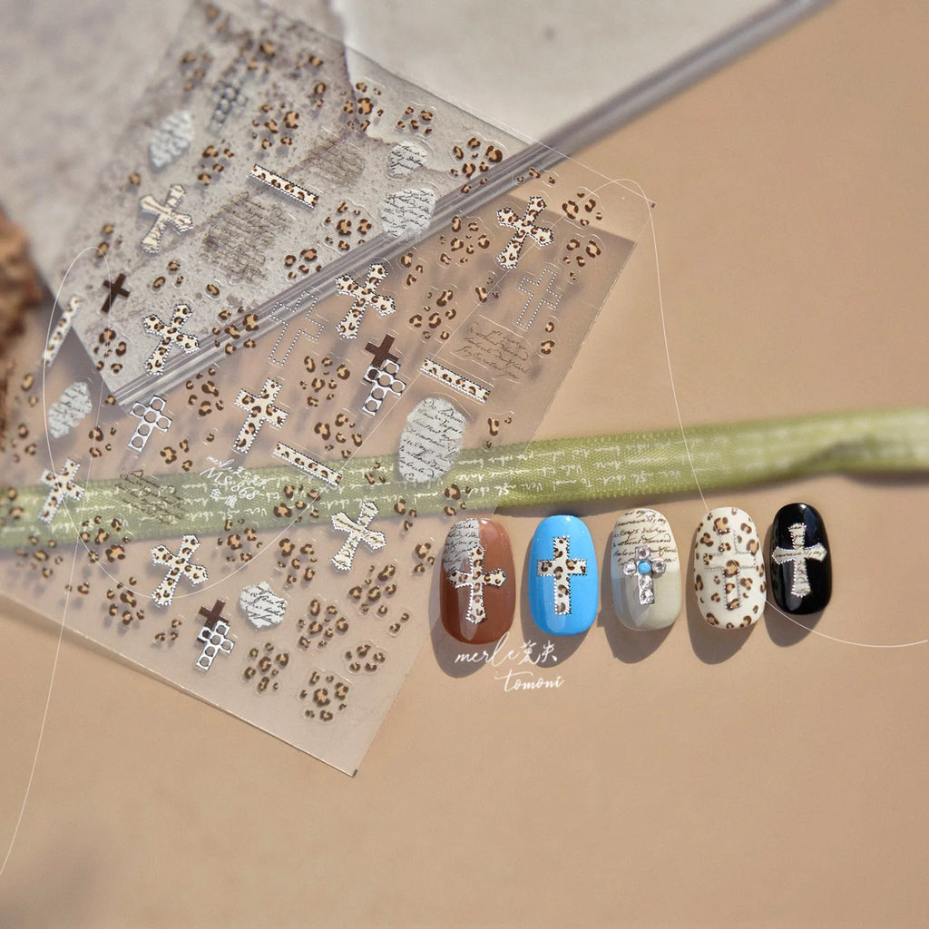 Retro Leopard Print Heart-shaped Nail Art Stickers 5D Metal Nail Sticker European and American Style Manicure Decorations Decals