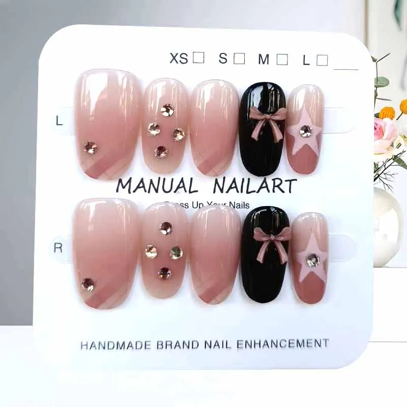10Pcs French Plaid Bean Paste Pink Powder Butterfly Bowknot with Diamond Press On Nails Korean Style Girl Nail Patch Fake Nails