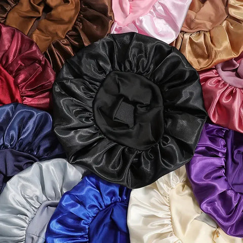 1pc Women's Solid Color Satin Wide-Brimmed Shower Cap, Suitable For Daily Use Silk Bonnet Satin Bonnet