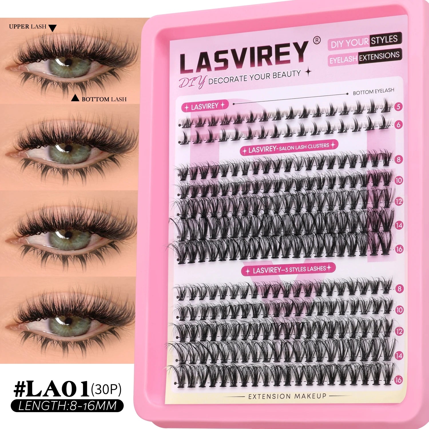 Lasvirey DIY Lashes Kit Fluffy Lash Clusters Kit Mixed Individual Eyelashes with Bottom Lashes Extension Cluster Lashes Makeup