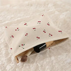 Hand Painted Cherry Corduroy Drawstring Makeup Bag Lightweight Travel Toiletry Pouch Bohemian Style Cosmetic Organizer