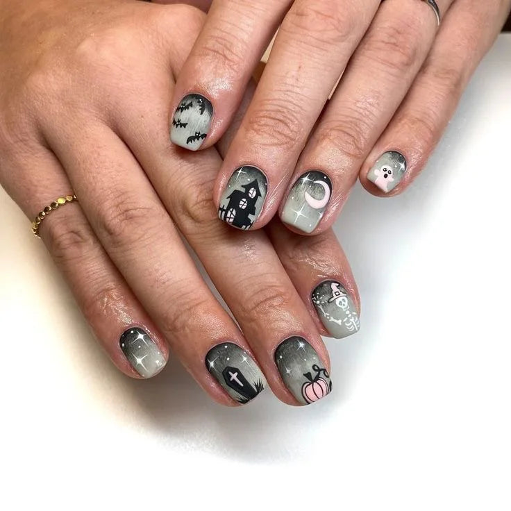 24 pieces of short square fake nails, featuring a halo dyed gradient heart and a colorful French design in European and American