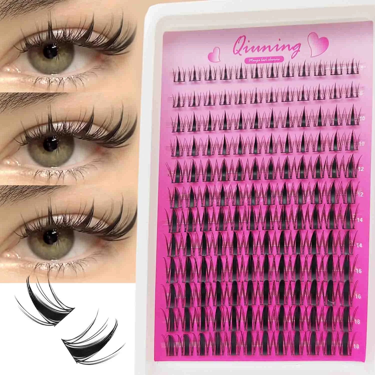 QIUNING Manga Lash Clusters Kit Cat Lashes with Lash Bond & Seal Cluster Eyelash Extensions Mixed Tray Eyelash Clusters Kit