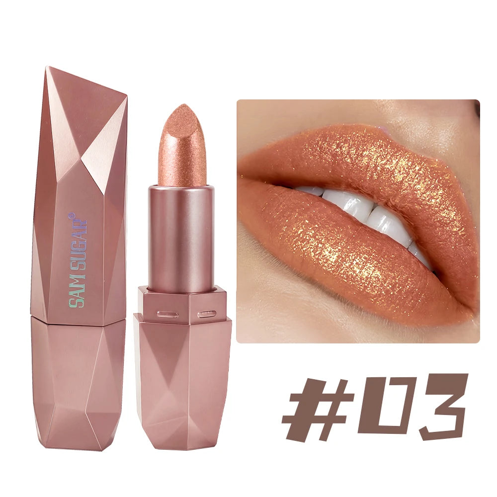 Diamond Glitter Lipstick Long Lasting Waterproof Moisturizing Highly Pigmented Metallic Shine Pearlescent Non Stick Cup Lipstick