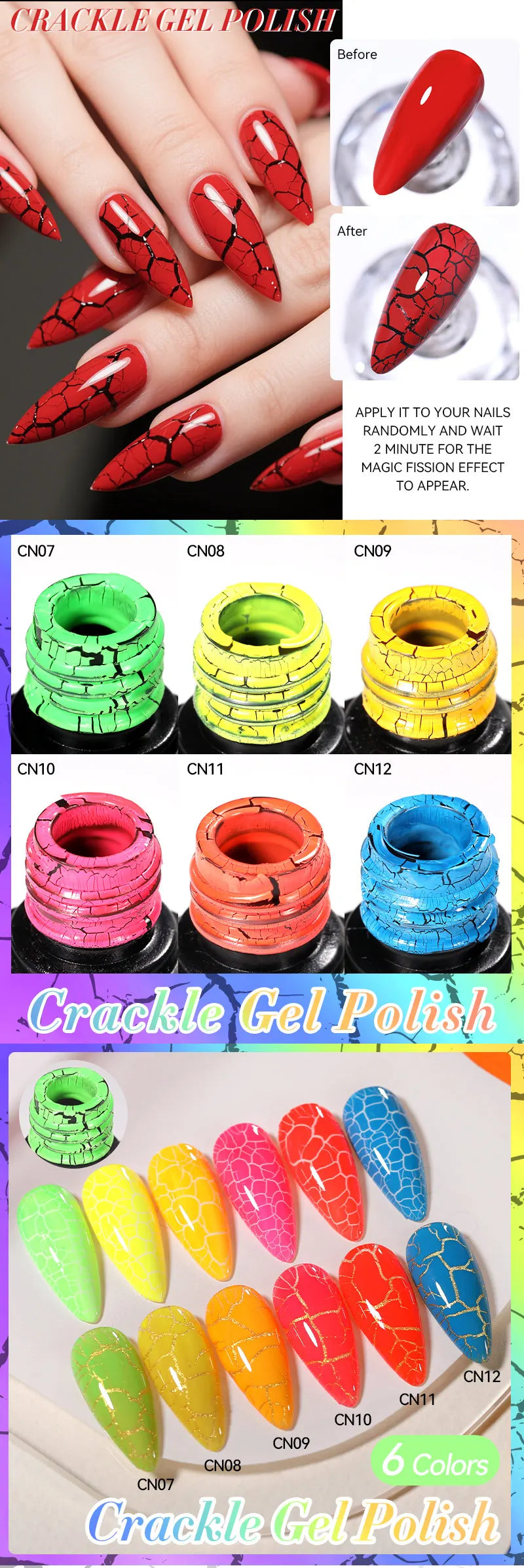 LILYCUTE 7ml Neon Crackle Gel Nail Polish Summer Fluorescent Quick Drying Semi Permanent UV Gel Nail Art Varnish DIY Manicure