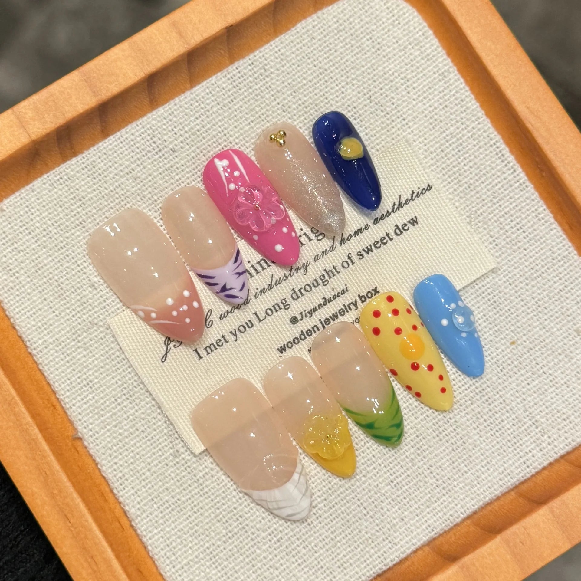 Handmade Press on Nails Ins Sweet Pink Blue Color Fake Nails for Girls Wearable 3D Cherry Love Star Korean Cute False Nail Tips