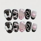 10pcs pure hand pressed short circular nail art, beautiful fake nails, sweet and cool pink bow, suitable for women to use