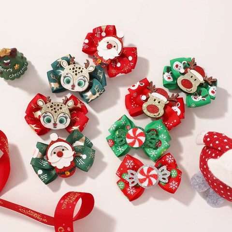 4pcs New Christmas Hair Bow Clips for Baby Girls DIY Glitter X'mas Santa Elk Bowknot Hairpin Cute Kid Headwear Hair Accessories