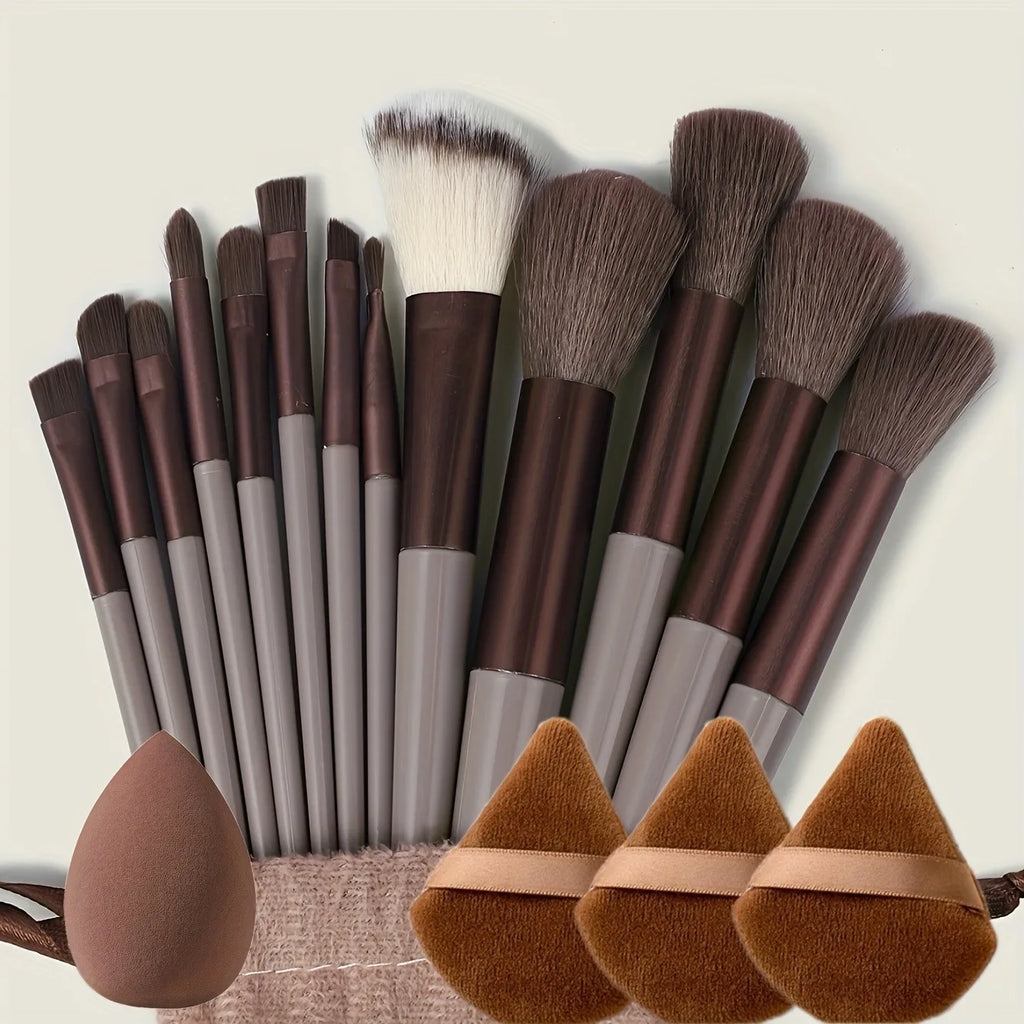 13-Piece Professional Makeup Brush Kit in Velvet Storage Bag | with 3 Velvet Makeup Puffs & Blending Sponge | Vegan Cruelty-Free