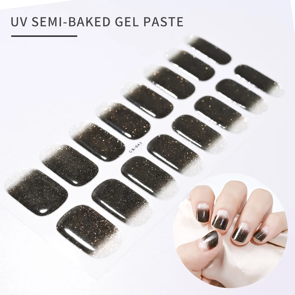 16Tips French Black Semi-Cured Nail Stickers With Glitter Long-Lasting UV Gel Nail Polish Wraps Full Cover Nail Art Decals Patch