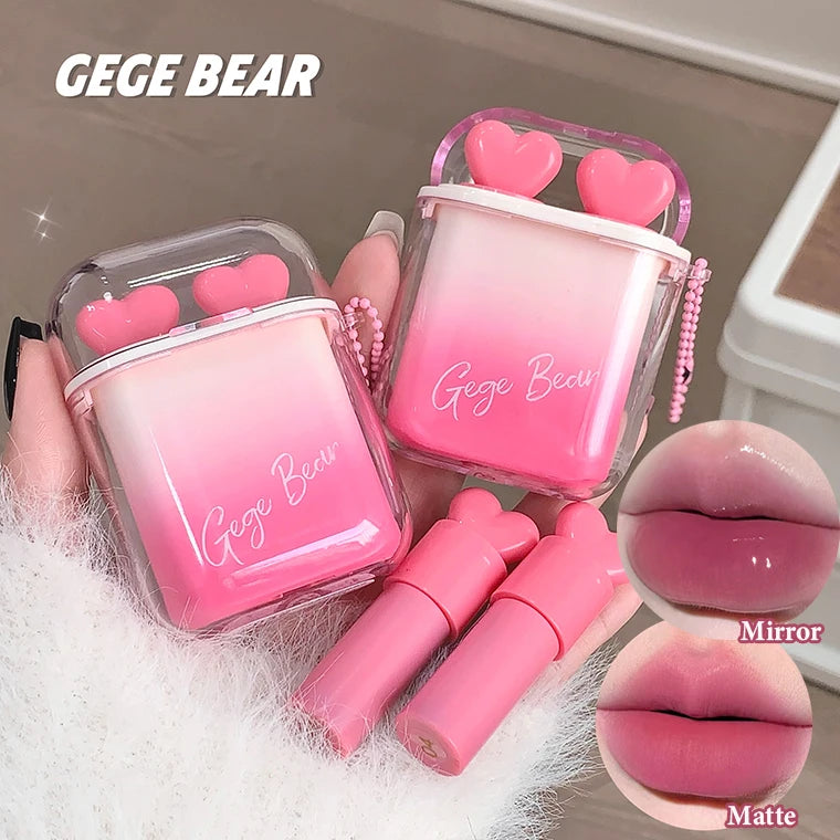 Heart Shape Glossy & Matte Lip Gloss Set Water Light Velvet Fog Labial Combination Mirror Moisturizing Plump Lips Makeup 2pc/Box