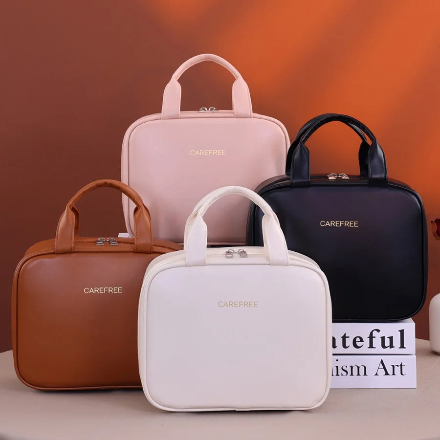 Multifunctional Makeup Bag For Women PU Leather Large Capacity Portable Double Zipper Travel Makeup Brush Toiletries Storage Bag