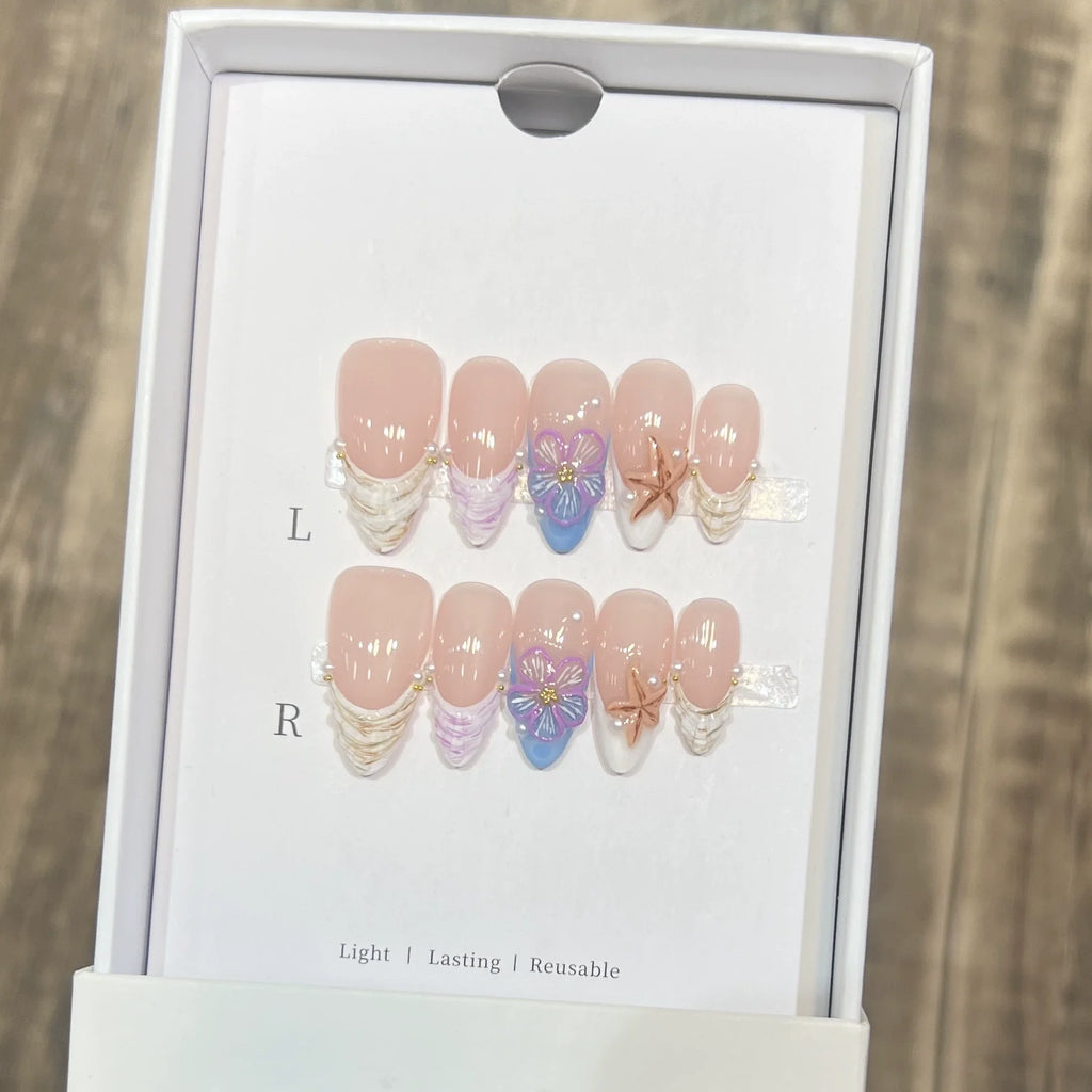 10pcs French Almond Press on Nails Flower False Nails Wearable Stick-on Nails Fake Nail Uñas Postizas Mujer Накладные Ногти 네일팁
