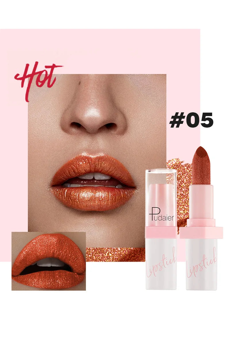 Shimmery Diamond Lipstick 10 Shades Waterproof Glittery Non Transfer Red Lip Tint Smooth Long Wear Pearly Lipstick