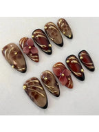 24pcs Leopard Print Brown Nails Art Gilded Pearl Design Almond Fake Nail Tips Flower False Nail for Women Girl Press on Nails