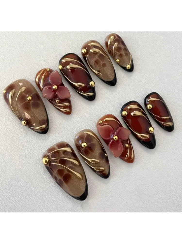 24pcs Leopard Print Brown Nails Art Gilded Pearl Design Almond Fake Nail Tips Flower False Nail for Women Girl Press on Nails