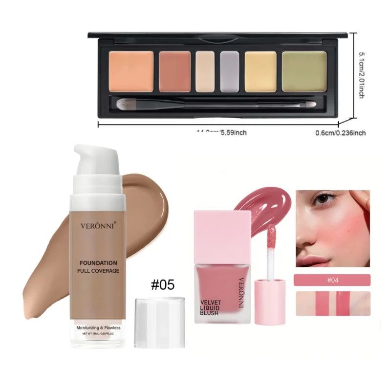 Beginner Makeup Set- Foundation, Concealer &Blush, Fresh Girly Glow,Quick Commuter Face Kit Smooth & Natural Finish, Lightweight