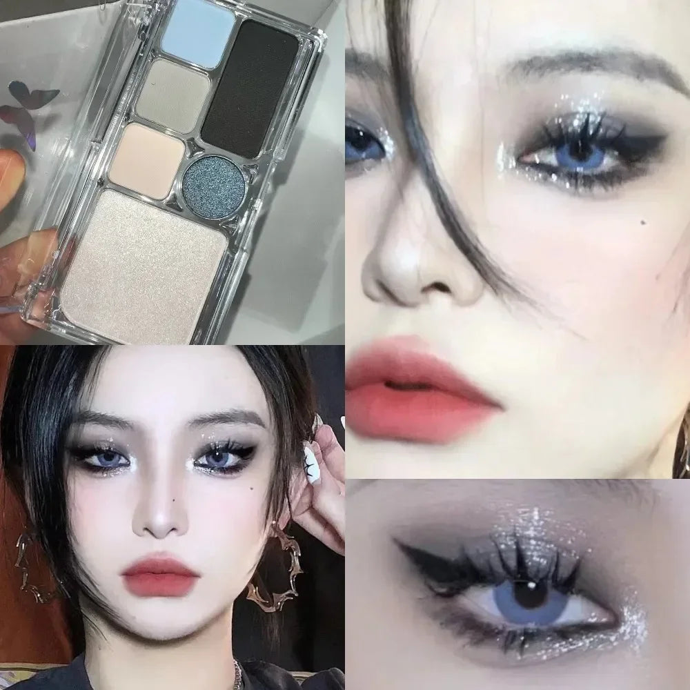 6 Colors Eye Shadow Palette Punk Smoky Black Glitter Pearly Eyeshadow Palette Korean Shiny Blue Eyeshadow Contour Blush Makeup