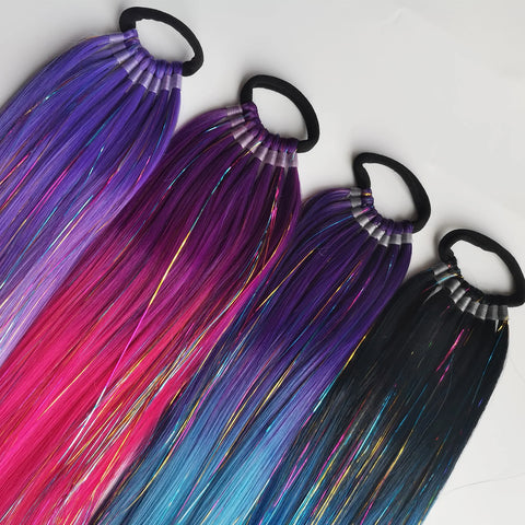 Purple Red Pink Tinsel Ponytail Extension with Elastic Hair Tie Synthetic Braiding Hair For Kids Girls Crazy Hair Day Brave Hair