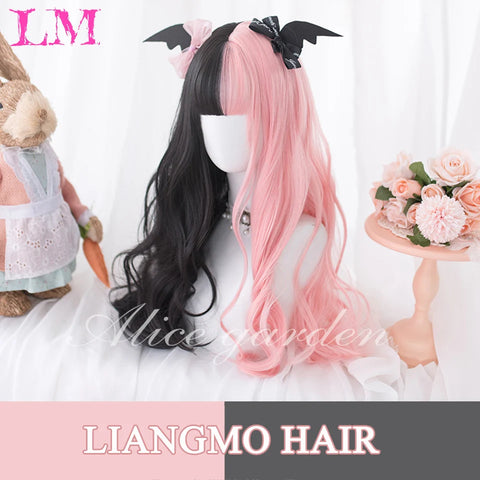 LM Synthetic Hair Long Wave Black And Pink Lolita Wigs For Women Cosplay Wig With Bangs Halloween Christmas Heat Resistant