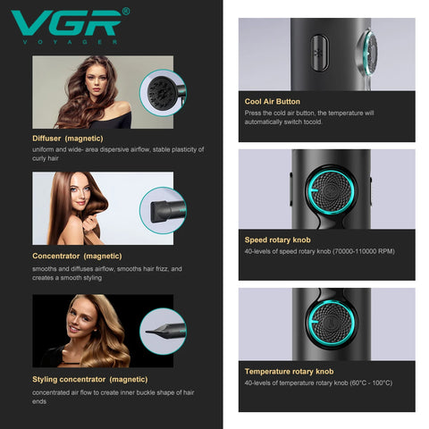 VGR Hair Dryers Professional Air Blower Negative Ion Hair Dryer 110000 RPM Hair Dryer Machine BLDC Motor Barber Salon V-401