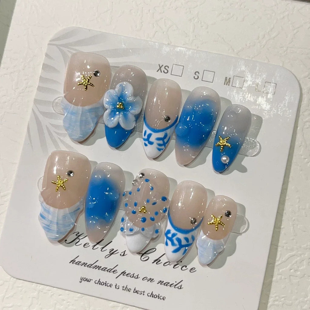 10pcs French Almond Press on Nails Flower False Nails Wearable Stick-on Nails Fake Nail Uñas Postizas Mujer Накладные Ногти 네일팁