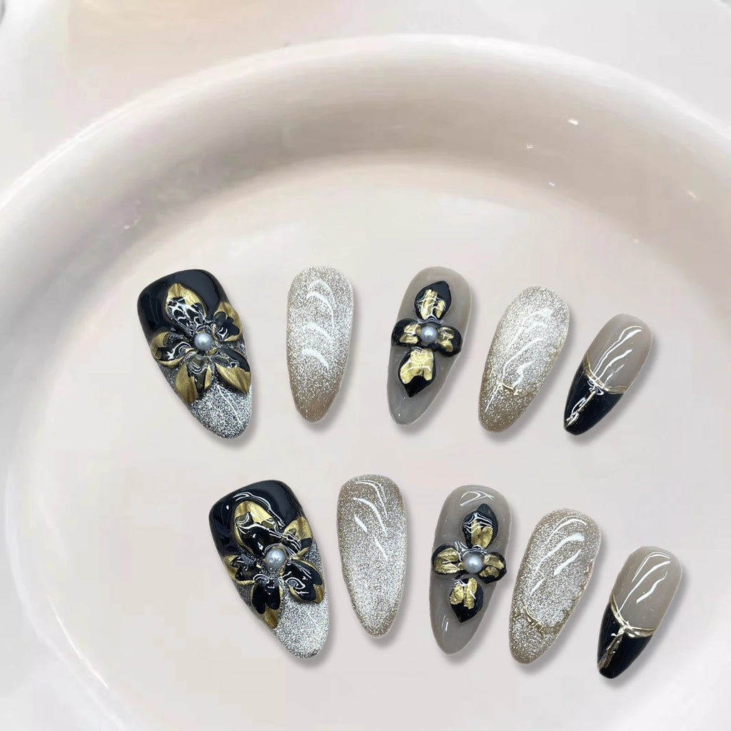 10PCS Handmade Almond Fake Nails With Carved 3D Floral Cat Eyes Pearl Brown Fake Nails Long Oval False Nail Wearable