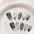 10PCS Handmade Almond Fake Nails With Carved 3D Floral Cat Eyes Pearl Brown Fake Nails Long Oval False Nail Wearable