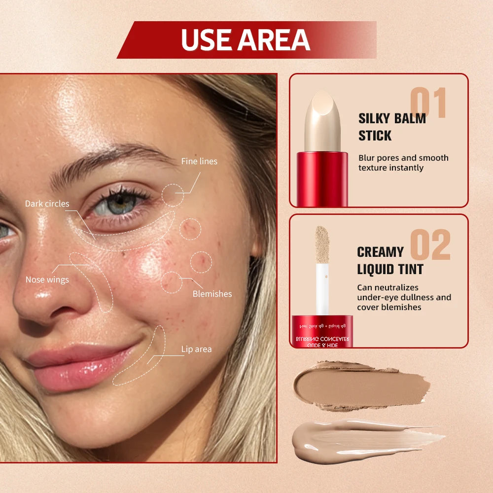 GlideHide Blurring Concealer Creamy texture Conceals dark circles wrinkles Dual formula liquid tip balm stick Long-lastin