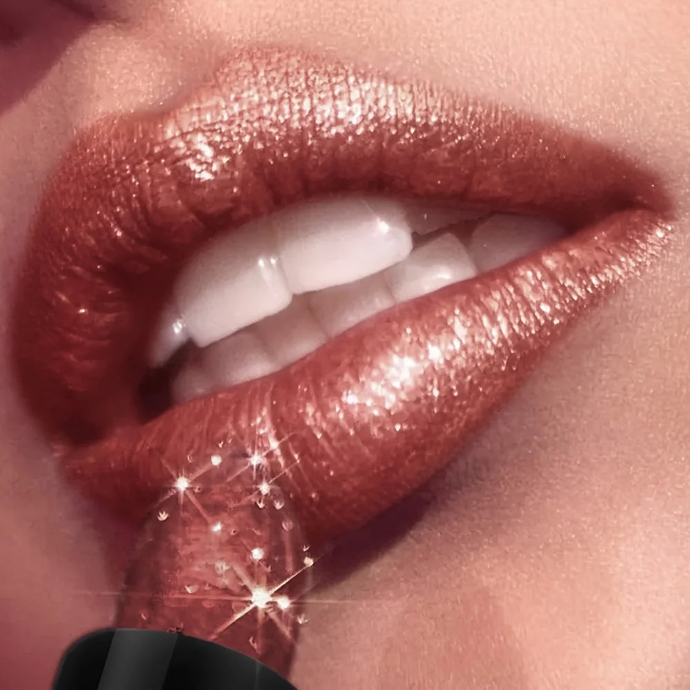 Metallic Shimmer Lipstick, Pearly Glitter Shine, Creamy Texture, High Color Payoff, Smooth Apply, Party Makeup