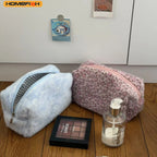 HOMEFISH Durable Fuzzy Makeup Bag Large Capacity Leopard Print Toiletry Organizer Portable Cosmetic Bag Girls Travel Storage