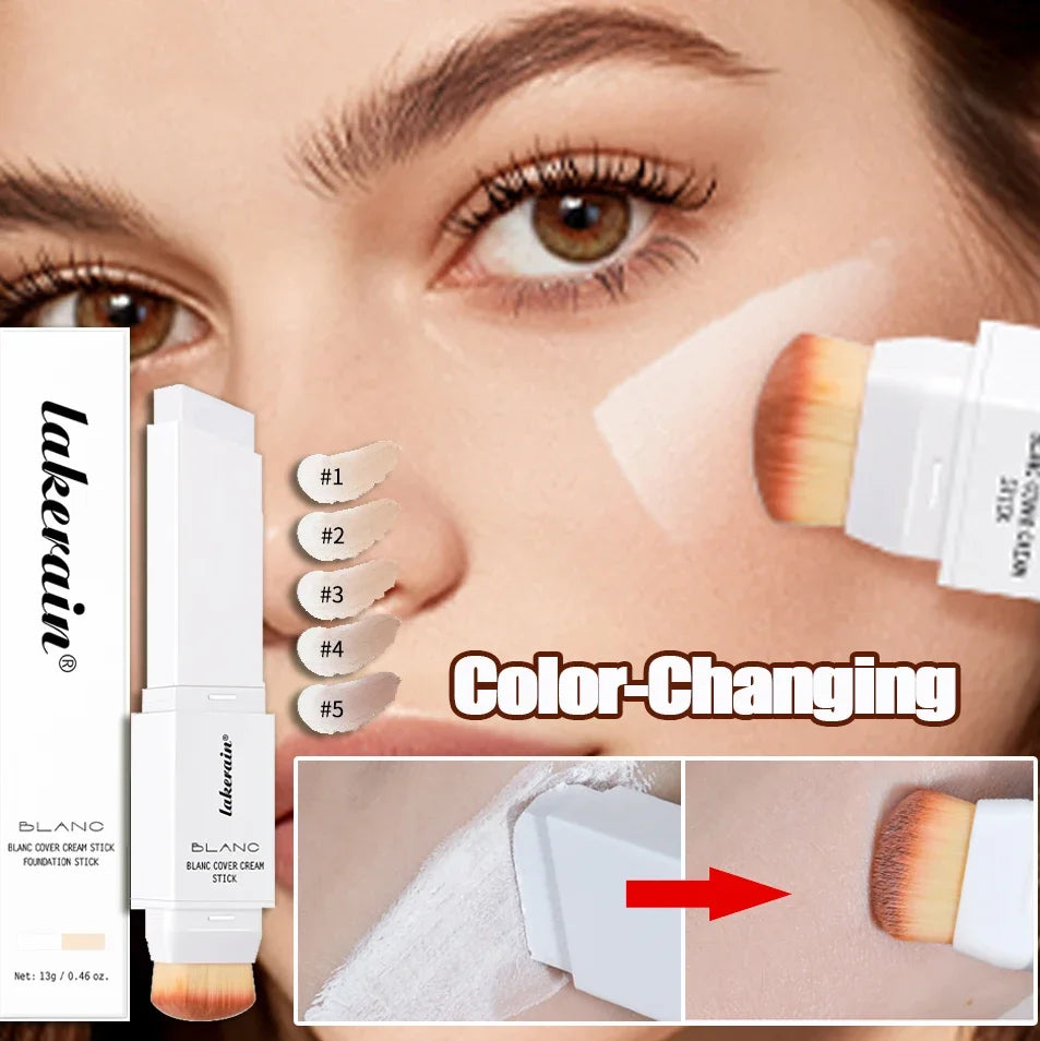Dual-Ended White Color Changing Foundation Stick With Brush Makeup Smoothly Blending Moisturizing Brightening For All Skin Type