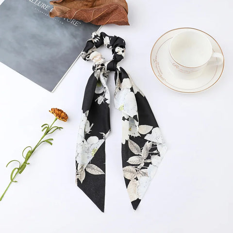 2023 Fashion Print Chiffon Long Ribbon Scrunchies Women Girls Ponytail Scarf Elastic Hair Bands Ties Hair Accessories Wholesale