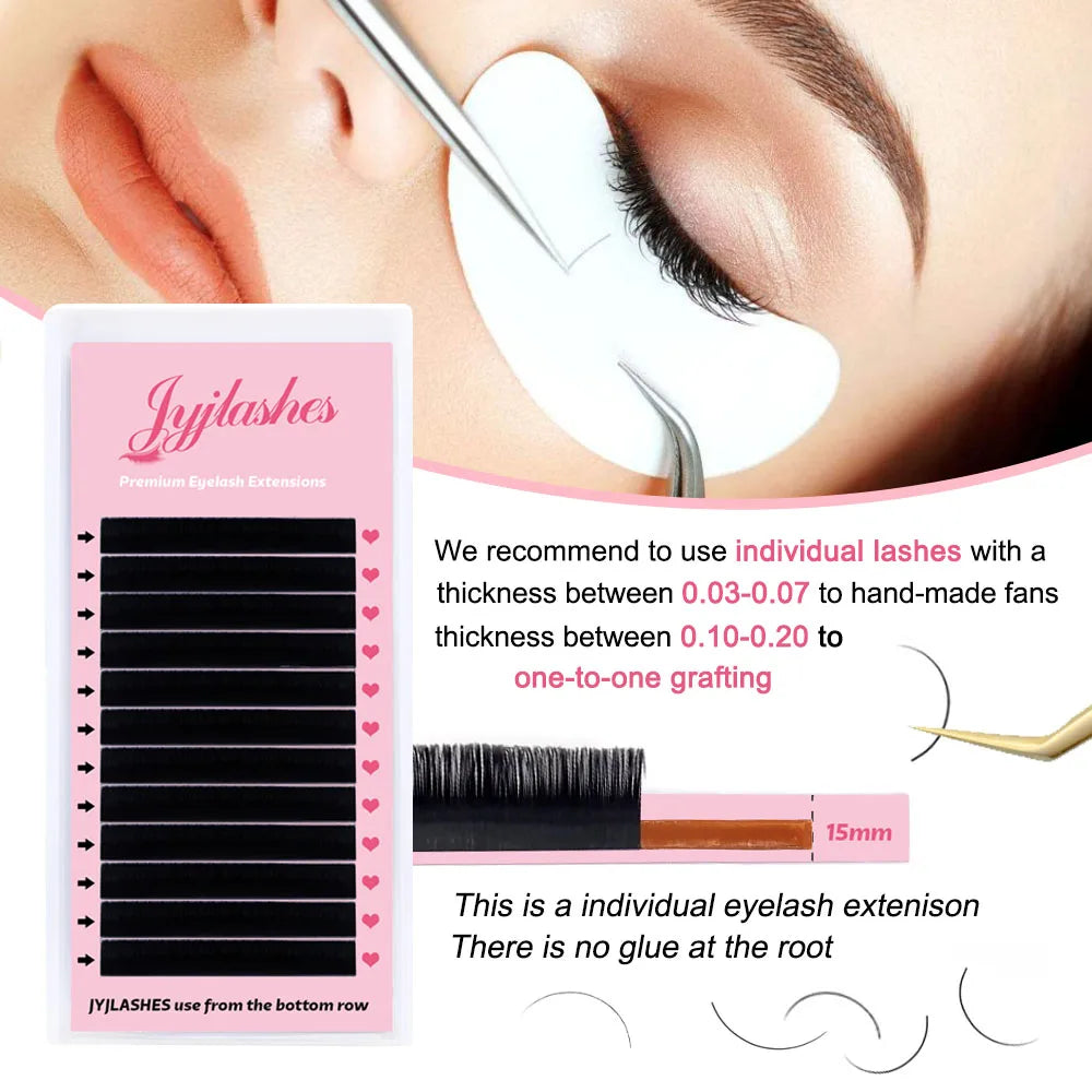 JYJLASHES Individual Eyelash Extension Long Length Classic Lashes Extensions Trays Matte Black Soft Mink Faux Eyelashes