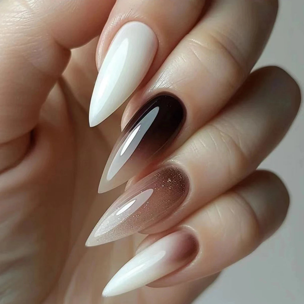24pcs Black Gradients Long Paragraph Fashion Manicure Patch Reusable Adhesive False Nails Almond Fake Nails Press On Stiletto
