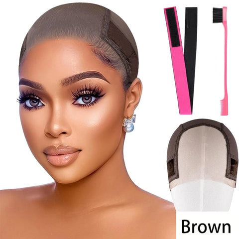 Women Lace Wig Adjustable Grip Cap Wig Caps for Non Slip with Ear-Cutouts Adjustable Velcro Headband,Gift of bandage and brushe