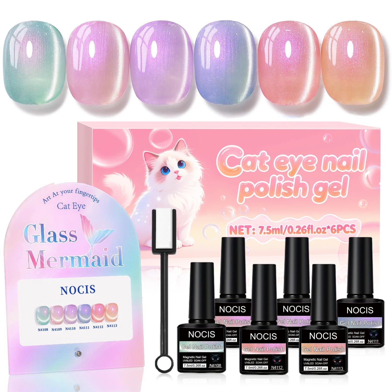 NOCIS Bottle Fruit Cat Eye 6-color Set -- Ultra Bright Cat Eye Nail Kit, 6 Colors of Magnetic Gel Polish Stylish Salon