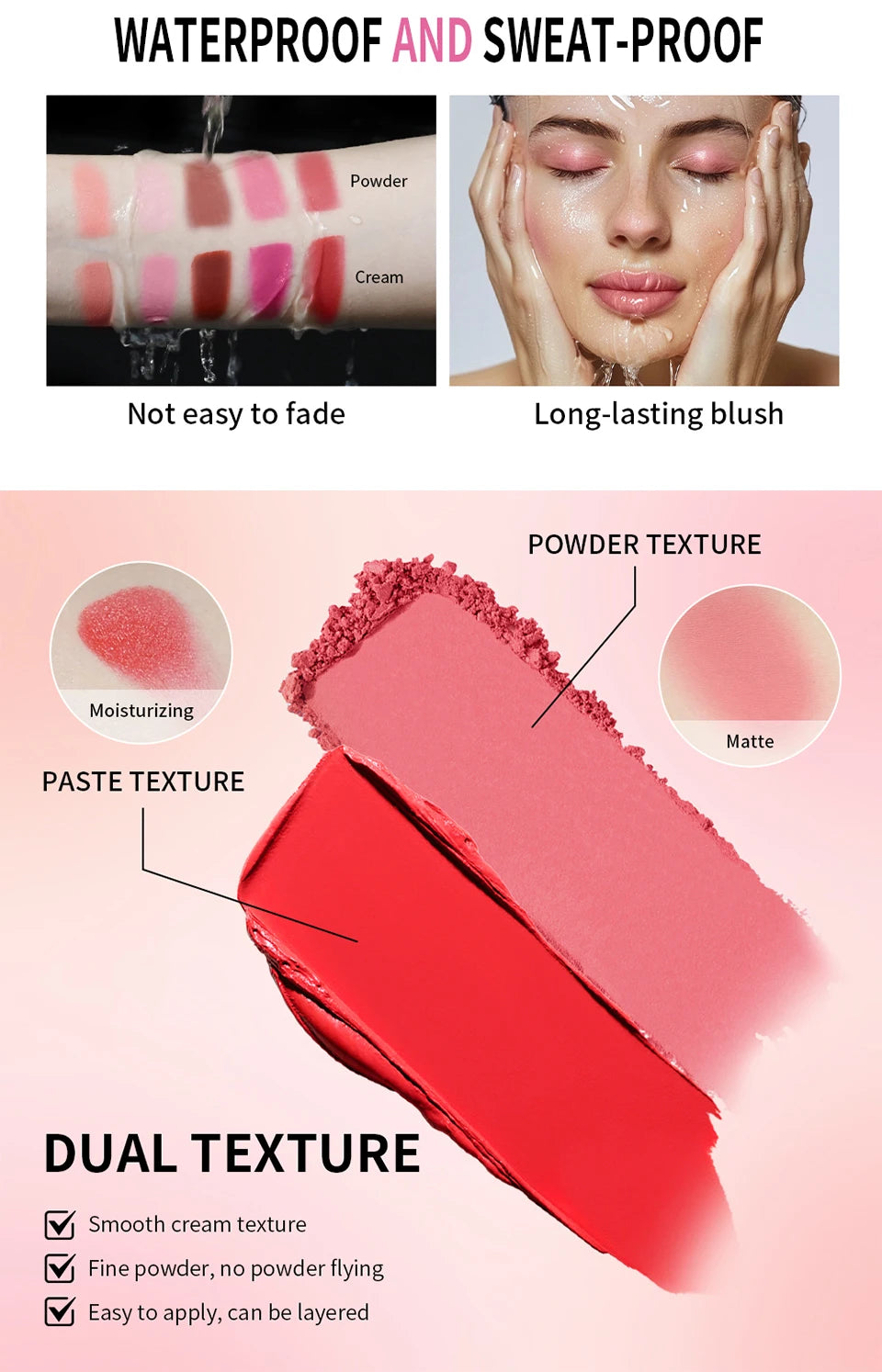 Lakerain 2in1 Cream & Powder Blush Palette Natural Long-lasting High Pigment Blush Makeup Pan Clear Vitality Girl Blush Palette