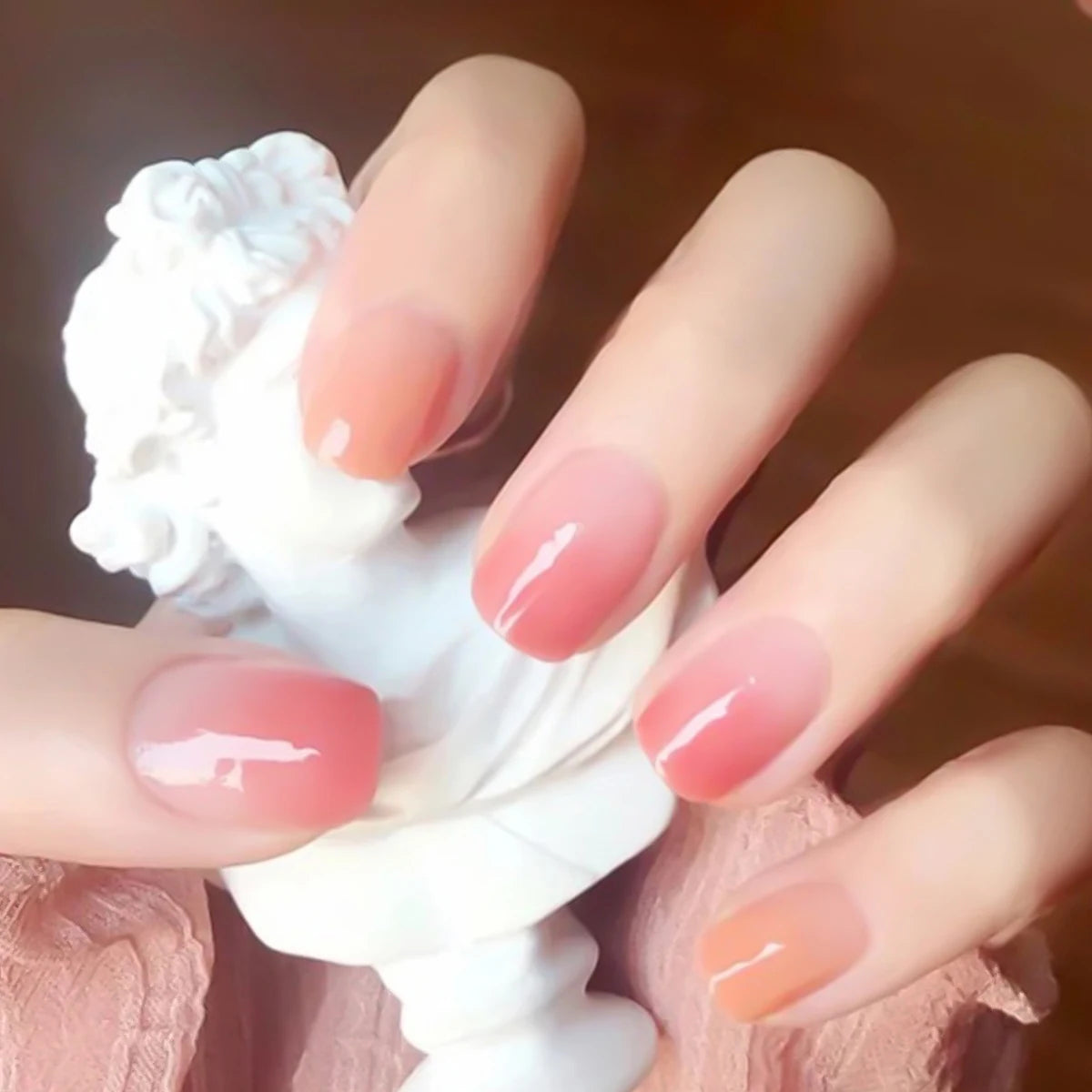 Sweet Gradient Pink Fake Nail Tips Ins Simple Nude Color False Nails Round Head Korean Girl Lady Press on nail Wearable 24pcs