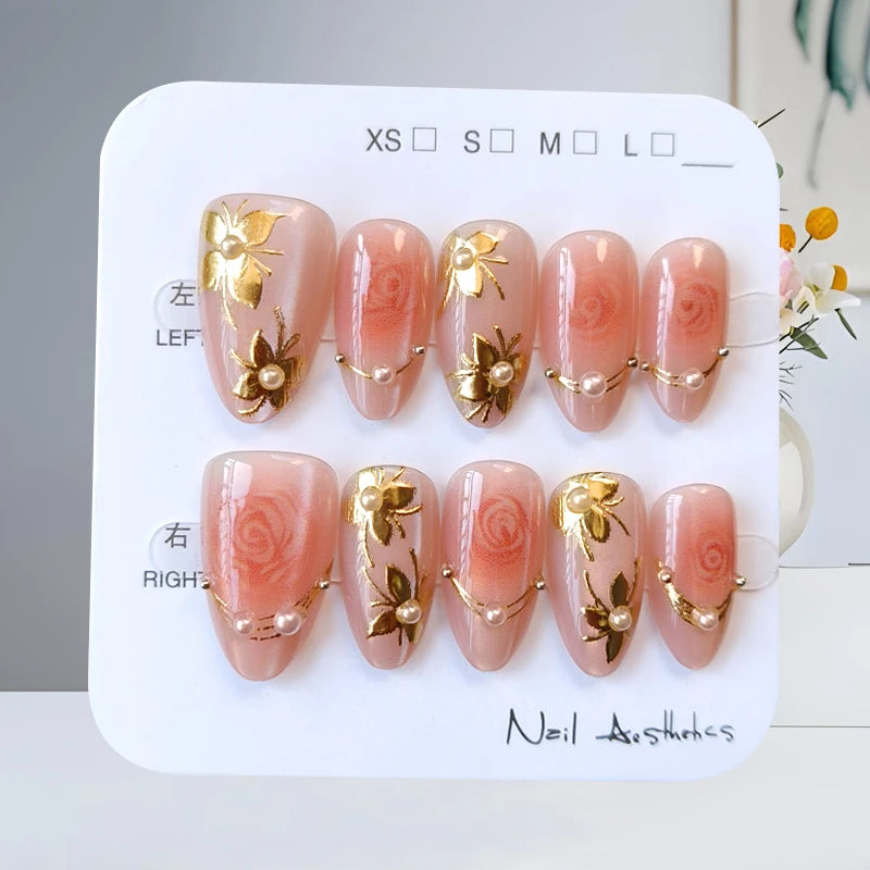 10Pcs French Plaid Bean Paste Pink Powder Butterfly Bowknot with Diamond Press On Nails Korean Style Girl Nail Patch Fake Nails