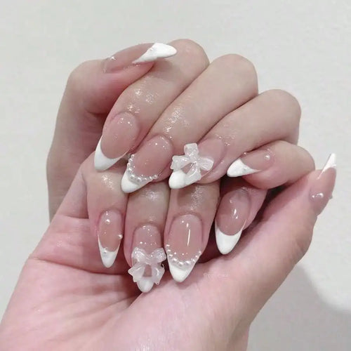 24 pieces wearing nail almond shape white French pointed pearl bow removable nail patch fake nail nails