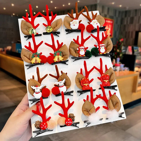 2pcs/Set Kawaii Christmas Elk Ear Hair Clip Women Girl Santa Snowman Hairpin Xmas Party Barrettes For Kids Cosplay Headwear