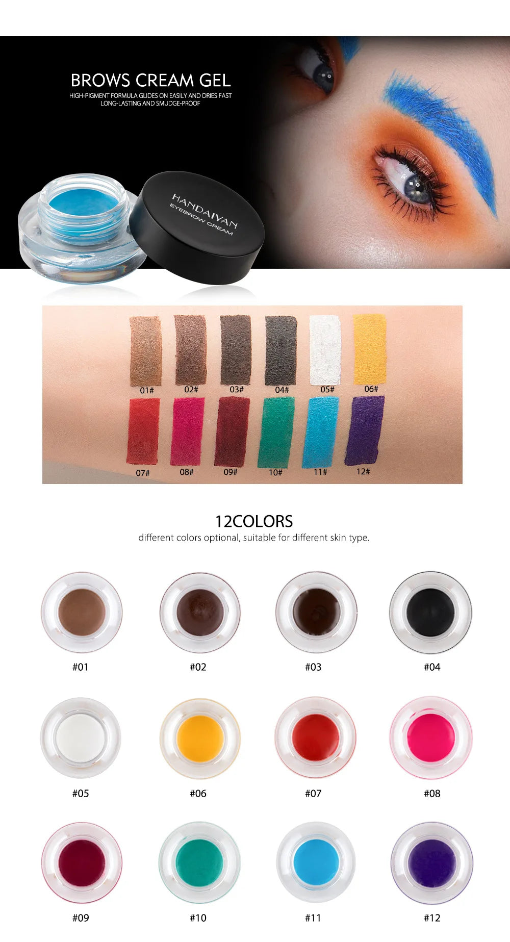 HANDAIYAN 12 Color Waterproof Eyebrow Cream Professional Eyeliner Eyebrow Gel High Brow Tint Black Eye Brow Makeup Tools