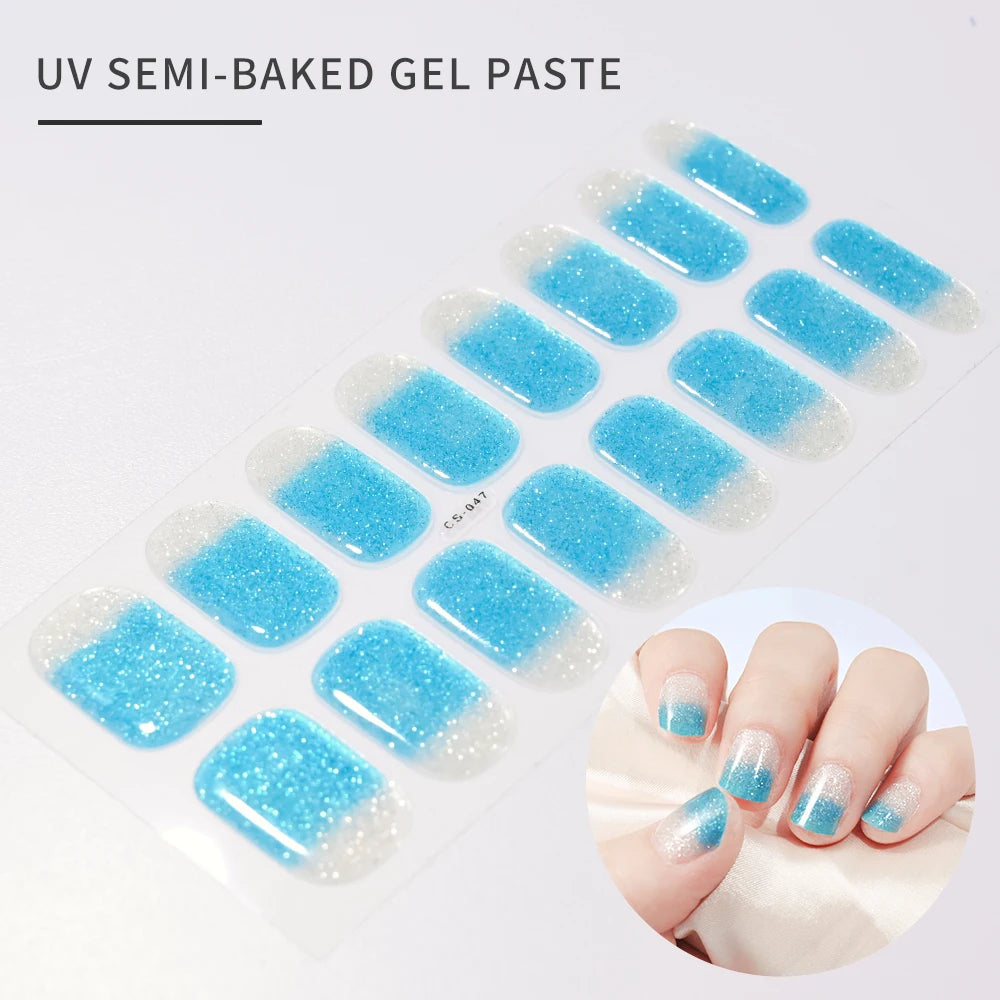 16Tips French Black Semi-Cured Nail Stickers With Glitter Long-Lasting UV Gel Nail Polish Wraps Full Cover Nail Art Decals Patch