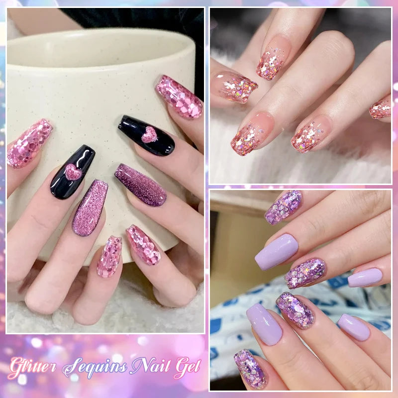 7pcs Glitter Sequins Gel Nail Polish Set Pink Silver Laser Glitter Semi Permanent Soak Off UV Gel Varnish Manicure Nail Supplies
