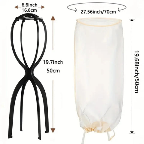 2pcs/set Wig Storage Bag wth Wig Stand, 1pc Adjustable Wig Bag with Drawstring Portable and 1pc Plastic Stand for Wigs